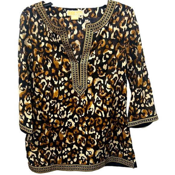 Michael Kors Boho Safari Blouse – Leopard Print Tunic – Embellished V-Neck Top M - Picture 1 of 6